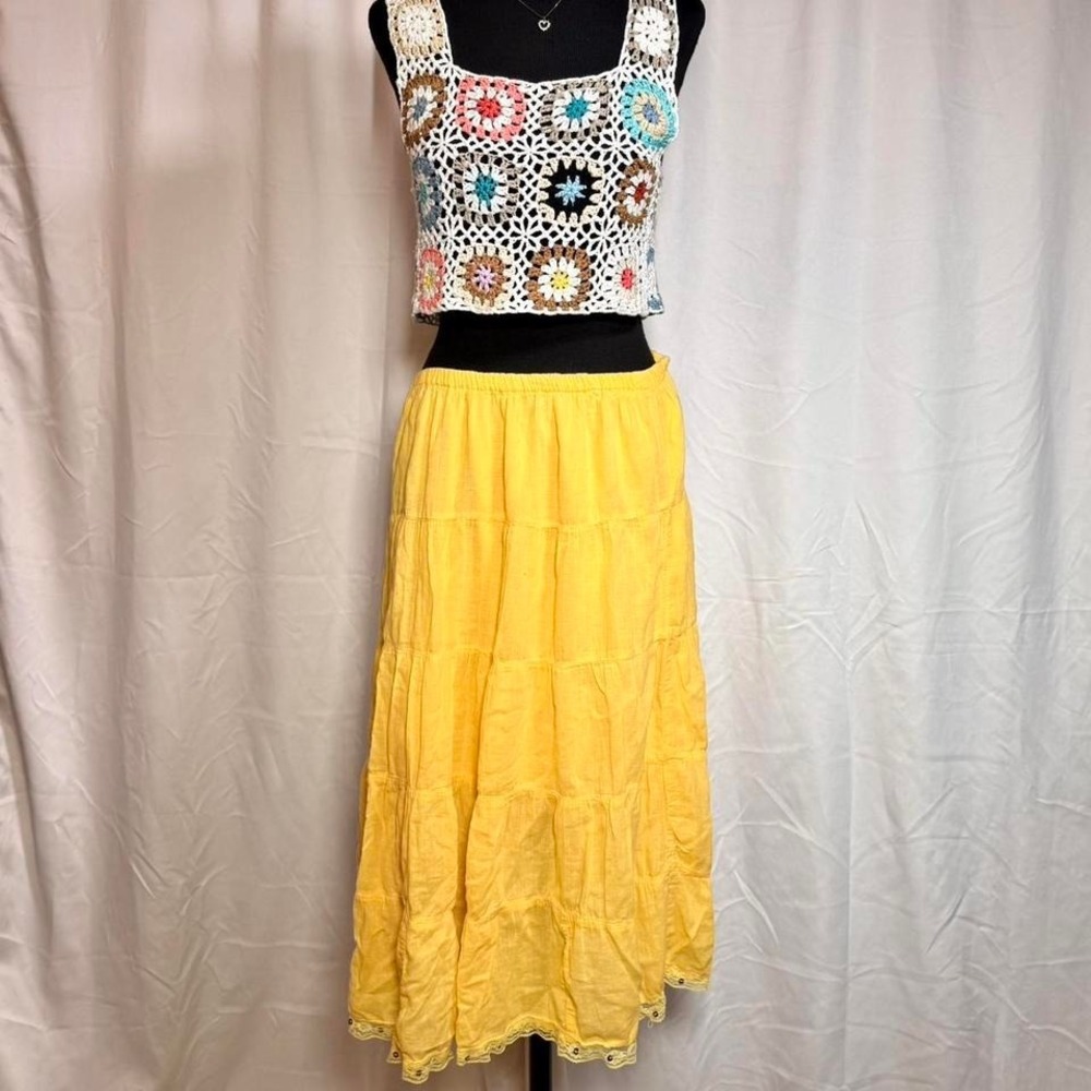 Yellow‎ Tiered Gauze Midi Skirt Size S Boho Cottagecore